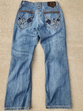 Y2K Indigo Star Mens Grunge Embroidered Back Flap Pocket Boot Cut Blue Jeans, 30